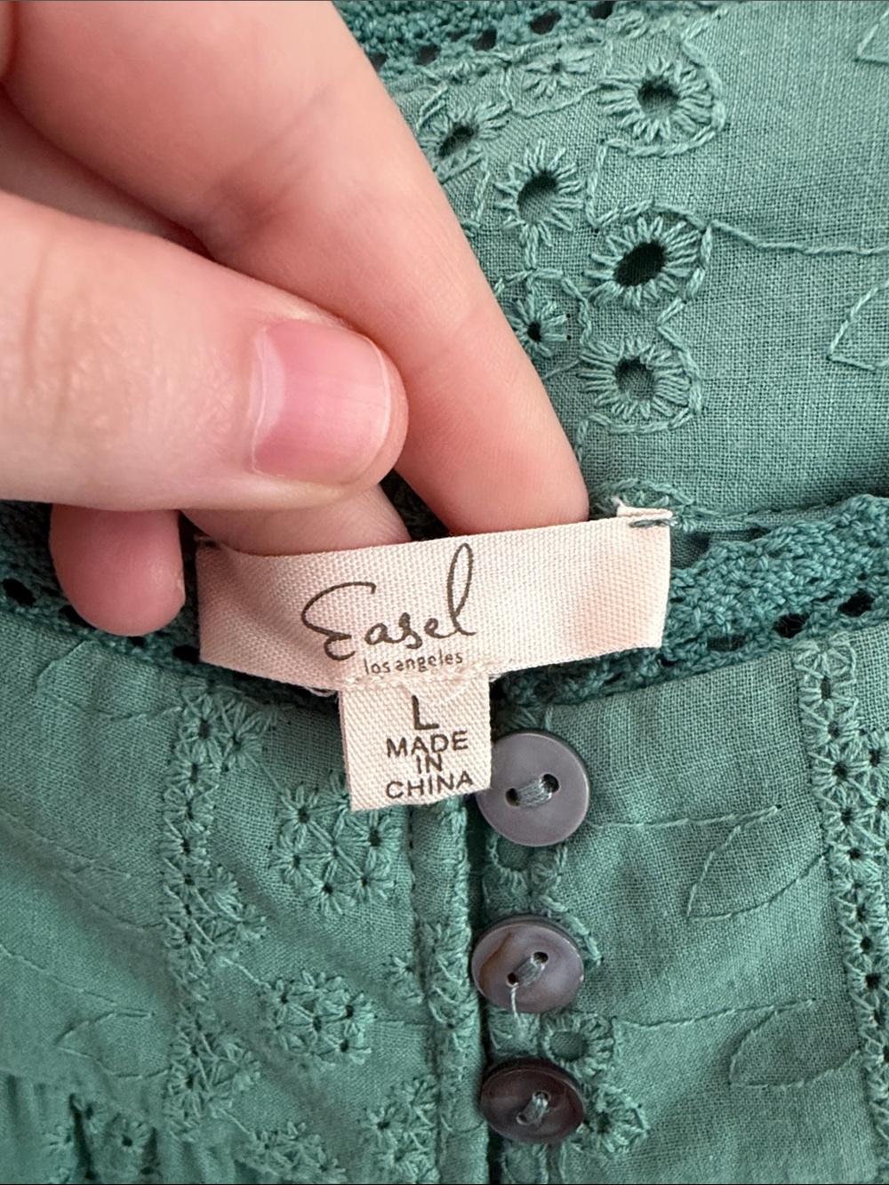 easel Eyelet Soft Pastel Green 100% Cotton Tiered Trapeze Dress (L) Cottagecore - Picture 8 of 13